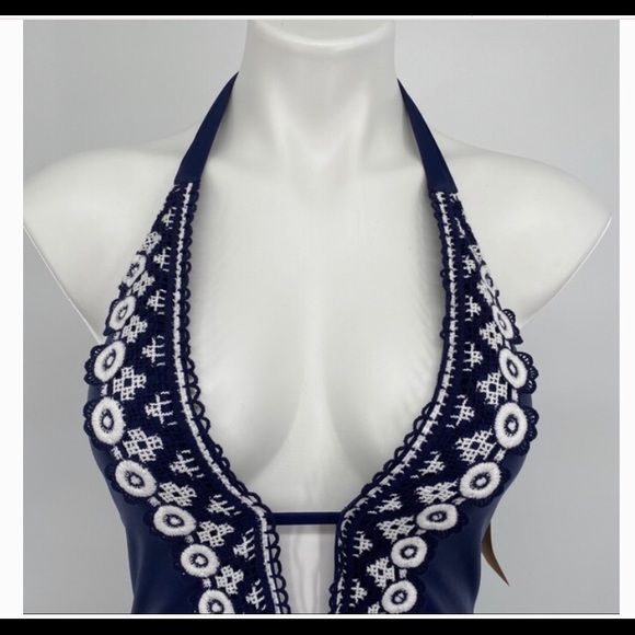 Kona Crochet Plunge Deep One Piece Navy Swimsuit - Picture 4 of 11